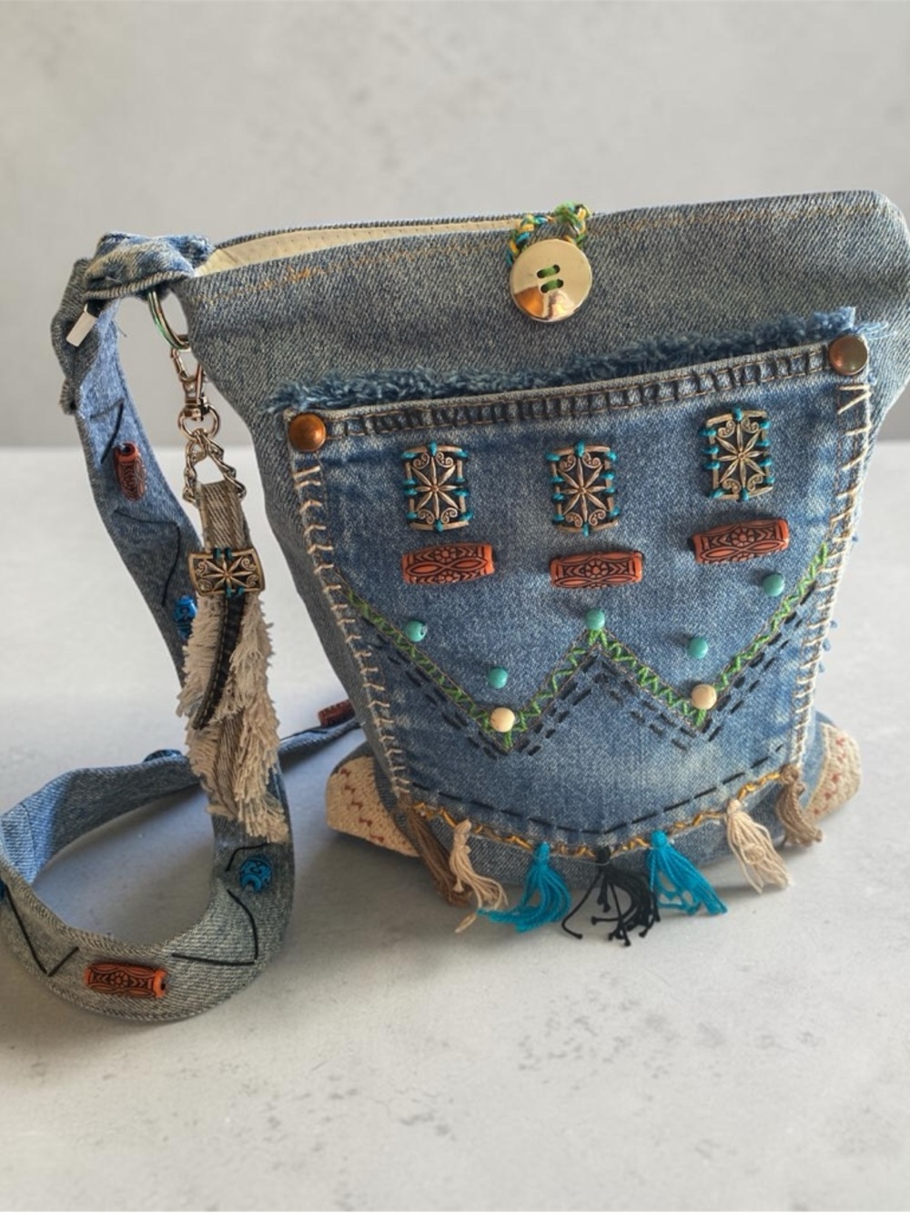 Upcycled Boho Denim Tassel Crossbody Bag with Beads and Embroidery - Picture 2 of 13